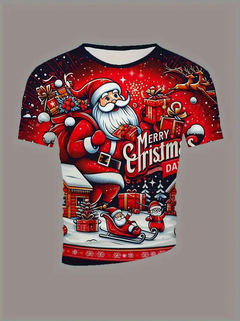 2026 Christmas T-Shirts Summer Funny Santa Claus Fashion Tops Tee Mens Shirts Summer Holiday Boys Casual Streetwear Clothing