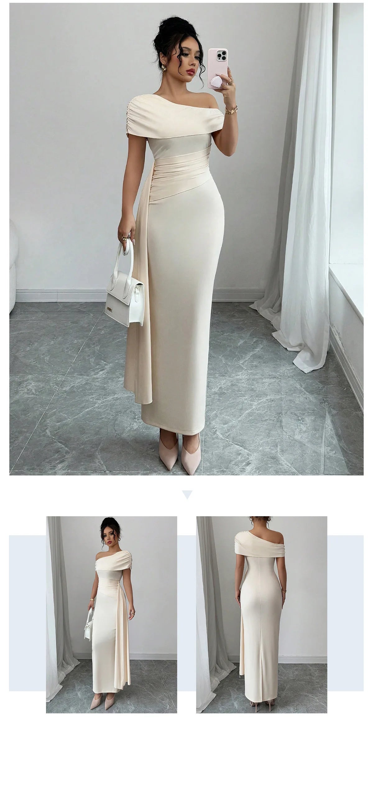 Sheath Dress Women Party Long Dresses Asymmetrical Diagonal Collar Slim Folds Maxi Gown Summer 2025 Female Sexy Vestidos