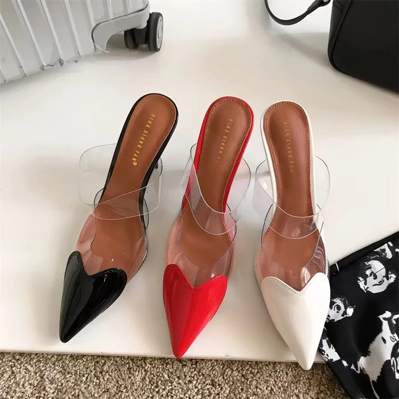 Elegant Pointed Toe Transparent PVC Heart High Heels Mules Slipper Shoes Women 2025 Black White Red Shoes Luxury Designer Pumps