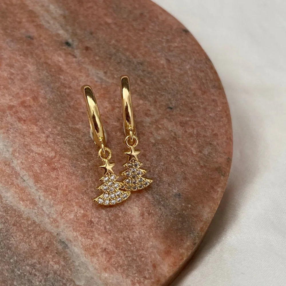 Stunning Handmade 18K Gold Plated Dangle earring Christmas Tree Star Cubic Zirconia Crystal Huggie Sleeper Hoop Earrings Gifts