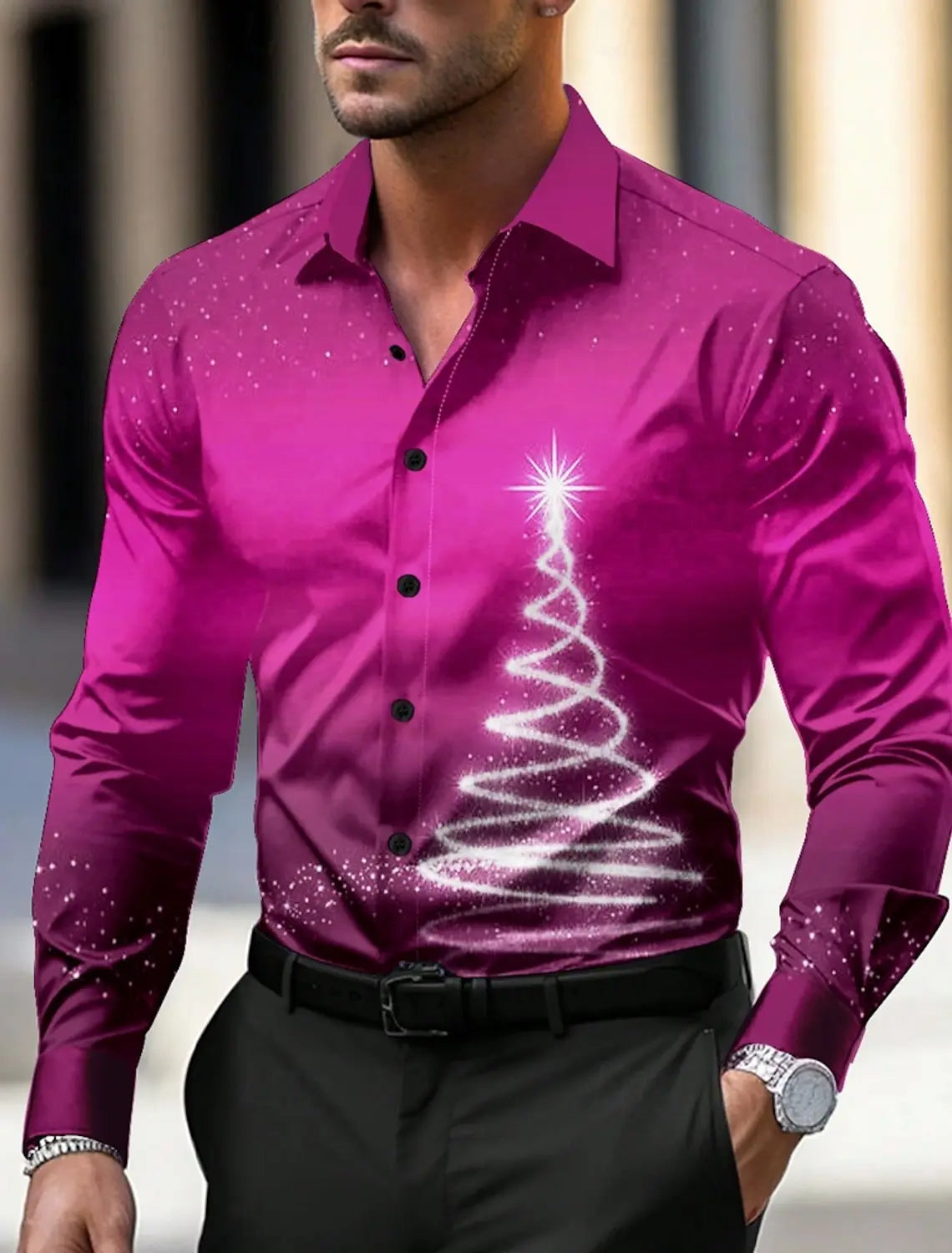 Christmas Theme Men's Christmas Trees Printed Shirts Snowflake Gradient Graphics Button Up Long Sleeve Shirts Fashion Tops Thin