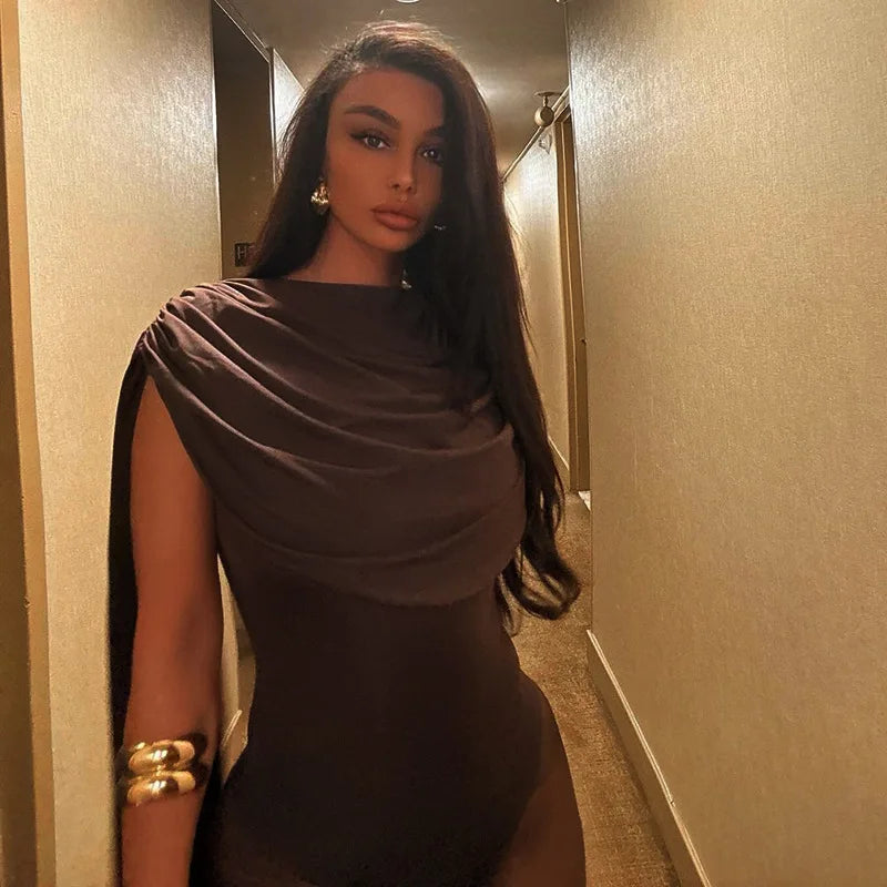 BOOFEENAA Cowl Neck Sleeveless Bodysuit Tops Spring 2025 Women Sexy Clothing Brown One Pieces Club Outfit C85-CZ24, dress