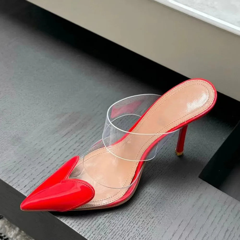 Elegant Pointed Toe Transparent PVC Heart High Heels Mules Slipper Shoes Women 2026, good for dress, Black White Red Shoes Luxury Designer Pumps