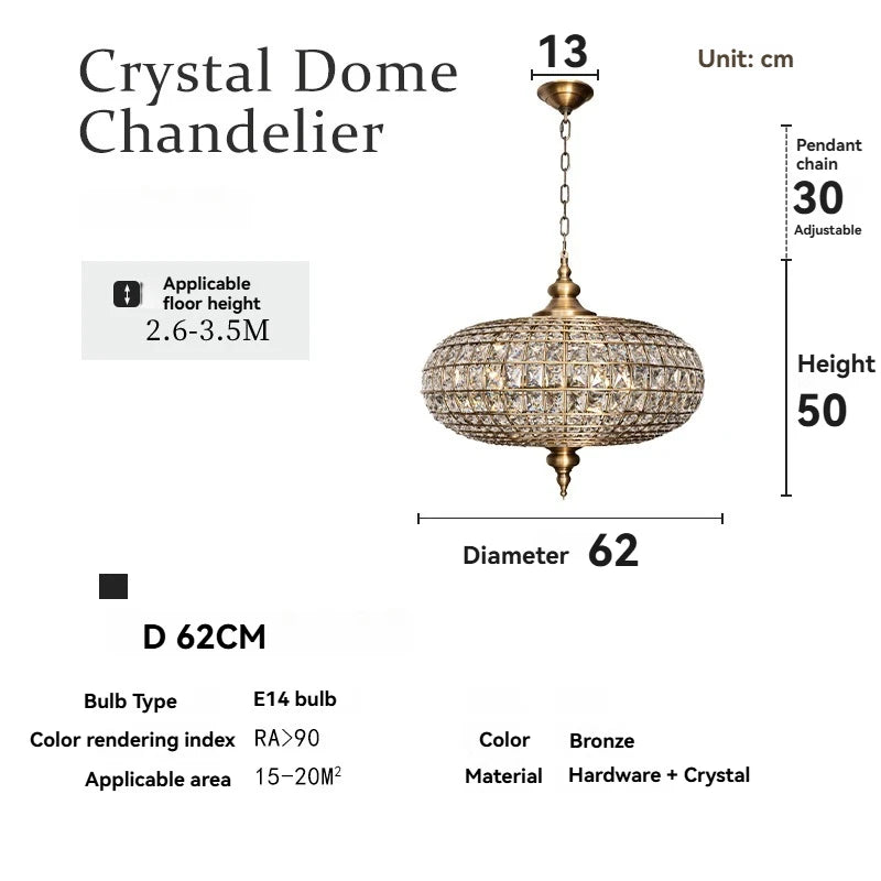 American Vintage K9 Crystal Pendant Light Copper Led Chandelier For Living Room Villa Hotel Dining Room Decoration Hanging Lamp