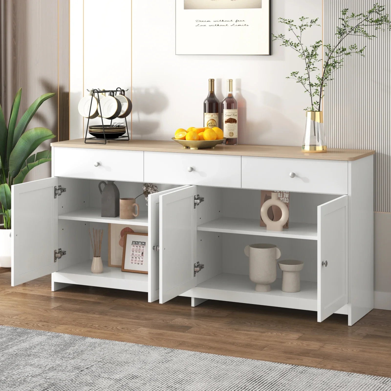 Comanlai Sideboard with Wood Paint Countertop,Kitchen Cabinet with Worktop,4 Doors,3 Drawers,for Living Room and Dining Room