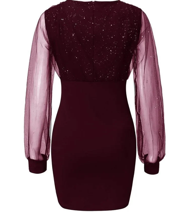 Sexy Sequin Mesh Dress V-Neck Bodycon Elegant Tight Fit Autumn Winter Fashion Women's Clothing Elegant Tight Fit Dress