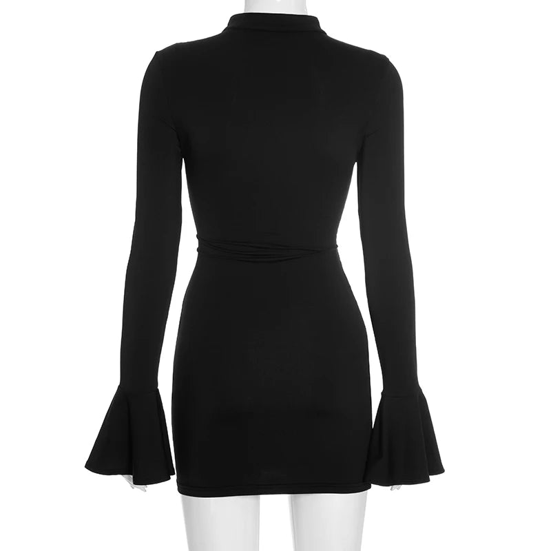 CUTENOVA Fall New Arrival Women Solid Color Bodycon Button Up Bell Sleeve Mini Lace-Up Strapless Sexy Bodycon Sexy Hottie Dress
