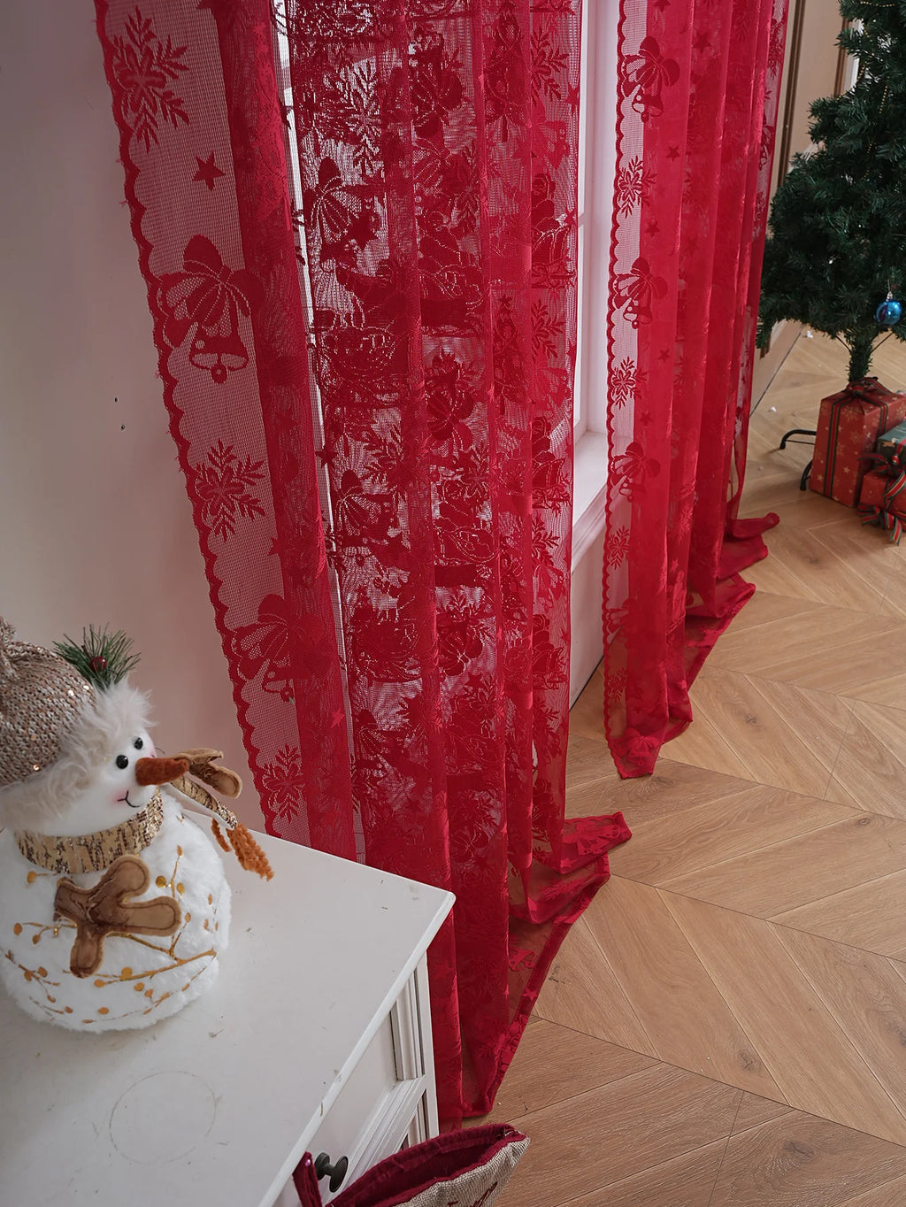 American Red Lace Sleigh Santa Christmas Curtains for Living Room Bedroom Window Festive Atmosphere Decorative