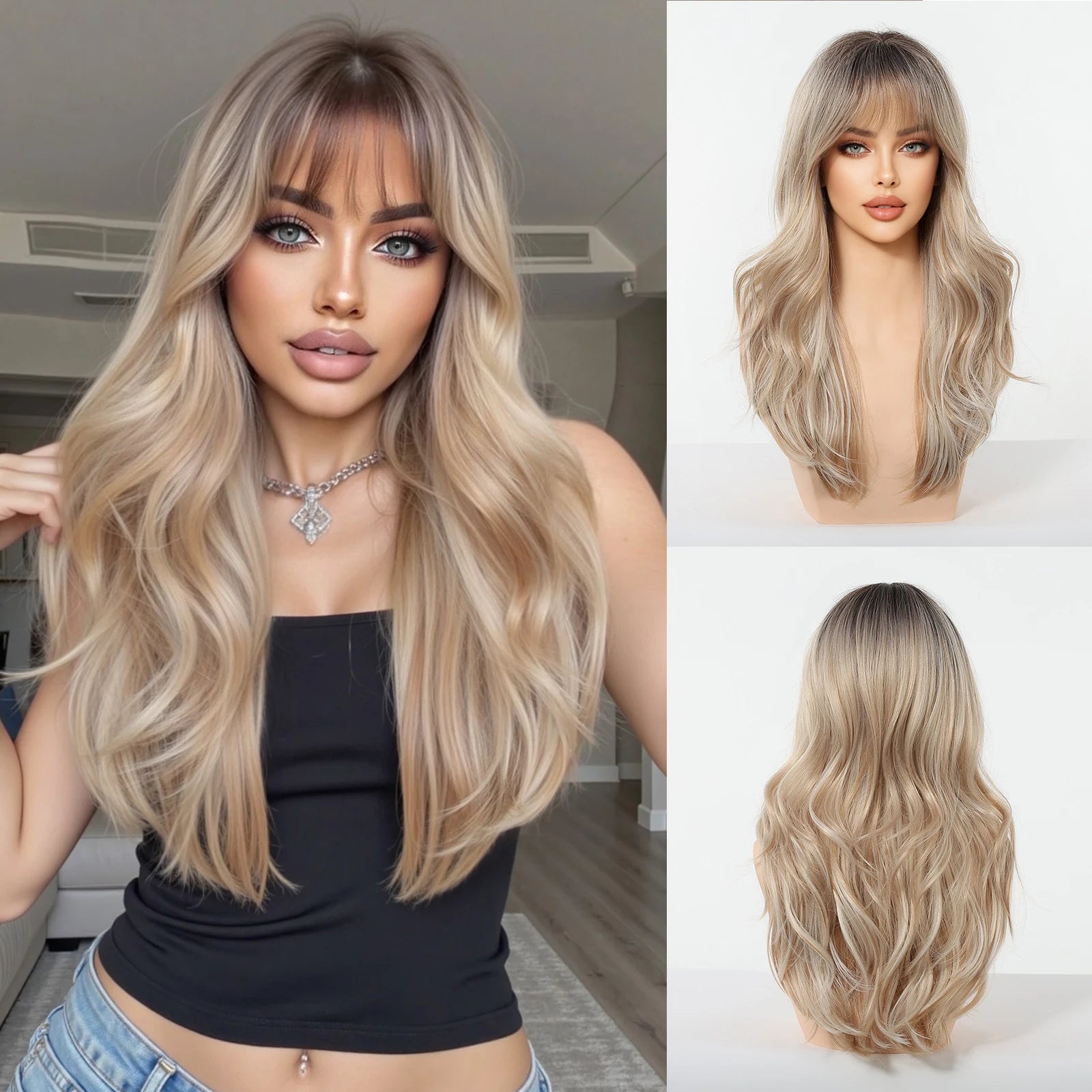 Rose Blonde Ombre Brown Long Natural Wave Synthetic Wigs with Bangs for Women Heat Resistant Daily Cosplay Party Hairs Wig Use