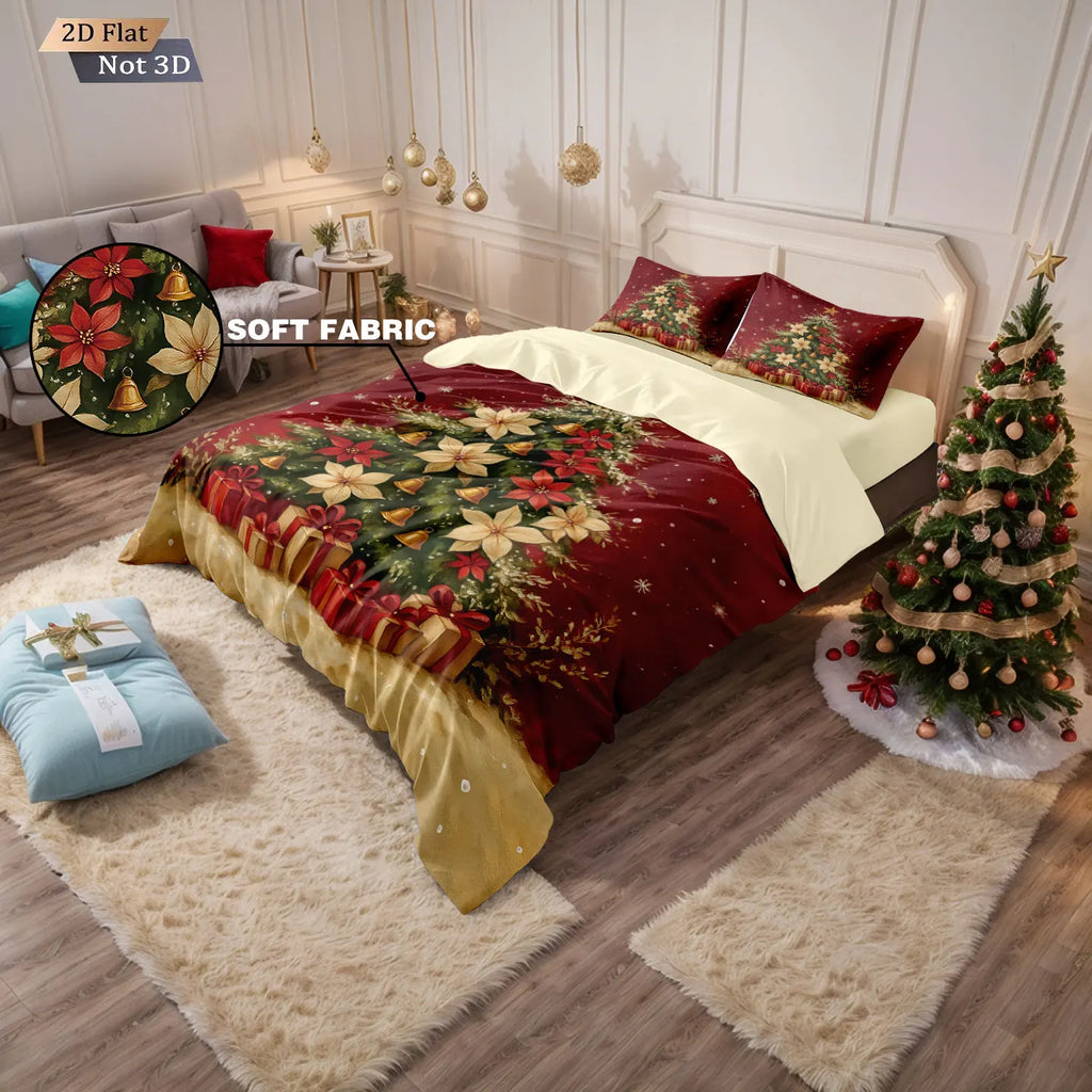 3pcs red Christmas tree print coreless bedding set, multi size bedroom and dormitory duvet cover machine washable decoration