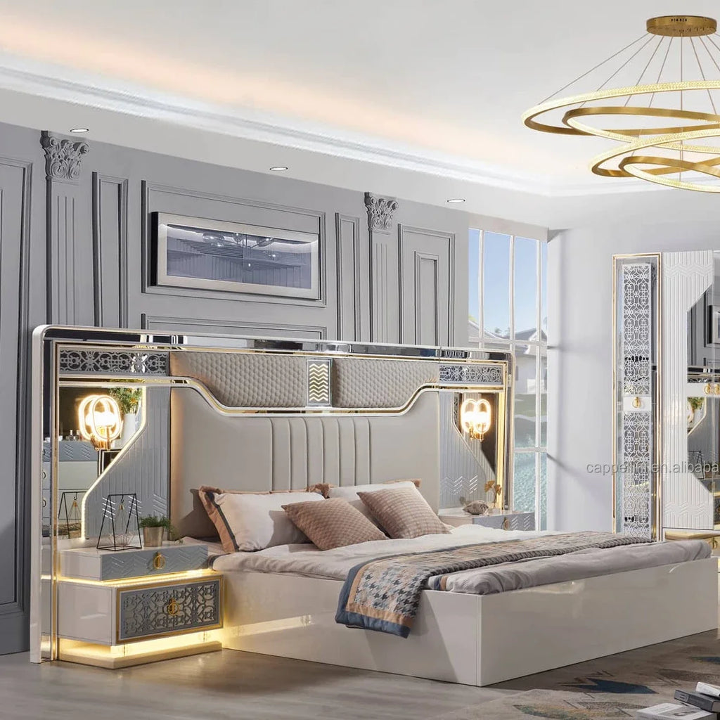 #Modern Deluxe Bedroom Furniture Bedroom Set Bed White Leather Bed Home Furniture Bedroom Set Standard Size