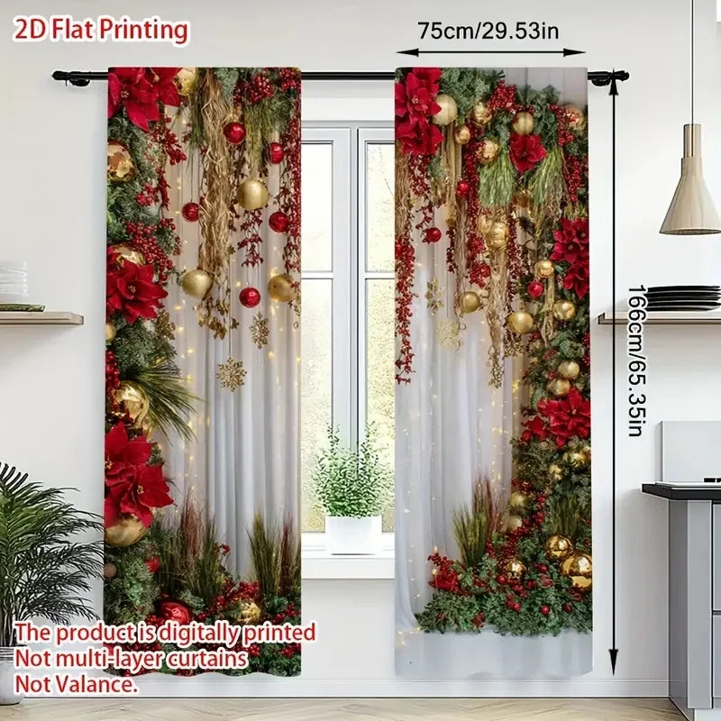 Christmas decoration-2Pcs-Flower plant tassels print curtains,suitable for bedroom,living room,home decoration,window decoration
