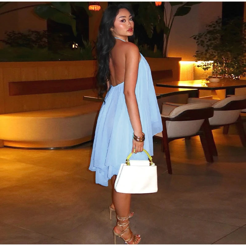 Elegant Halter Ruffles Short Dress Women Loose Solid Strapless Sleeveless Backless Dresses 2025 Summer Lady Beach Vacation Robes