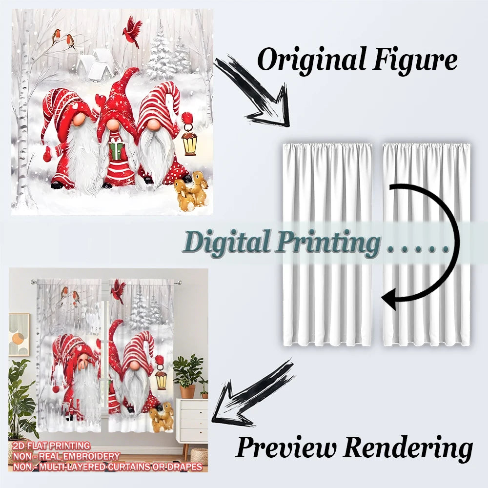 Christmas Flat Printing Curtain with Frosty Forest Christmas Gnome Christmas Bird For Christmas Home  Door Windows Decor Party