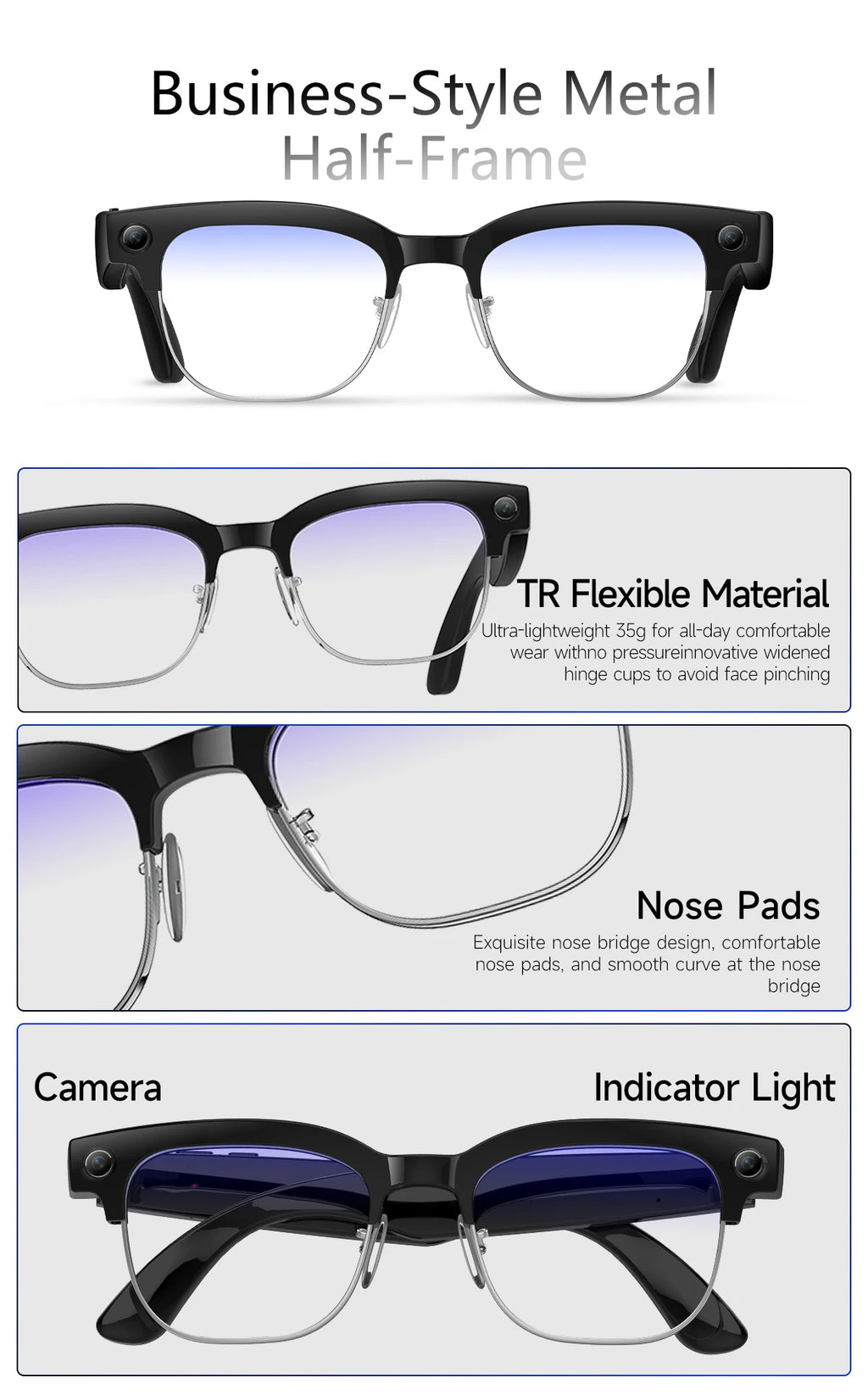 AI Smart Glasses 8 Million Pixels Recording Videos Photo Recognition Answer Translation 290mAh IP66 Waterproof Bluetooth Glasses