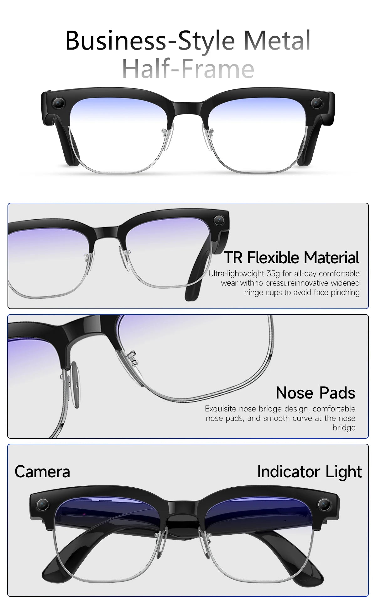 AI Smart Glasses 8 Million Pixels Recording Videos Photo Recognition Answer Translation 290mAh IP66 Waterproof Bluetooth Glasses