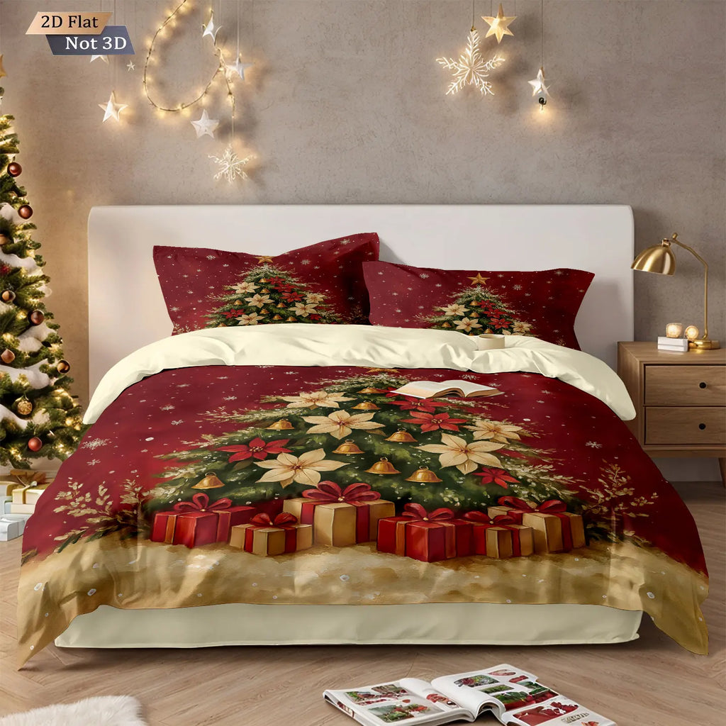 3pcs red Christmas tree print coreless bedding set, multi size bedroom and dormitory duvet cover machine washable decoration