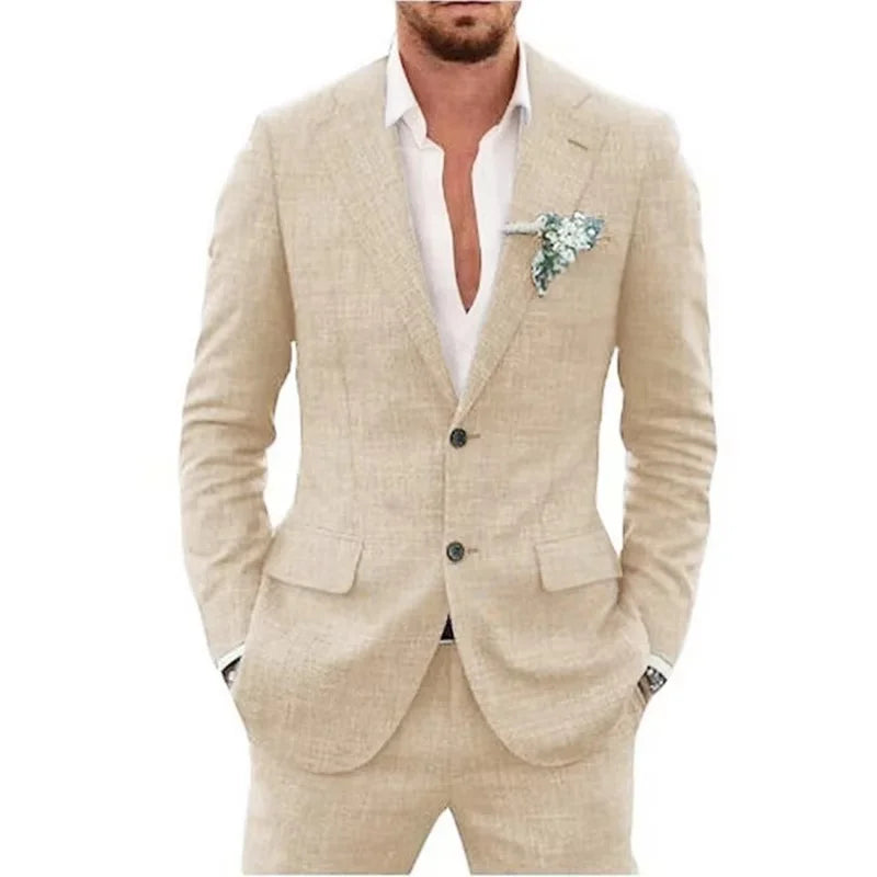 "Custom Slim Fit Beige/Blue Linen Suits for Men - 2 Piece Notch Lapel Wedding Tuxedo Set, Groom Blazer & Pants, Prom Party