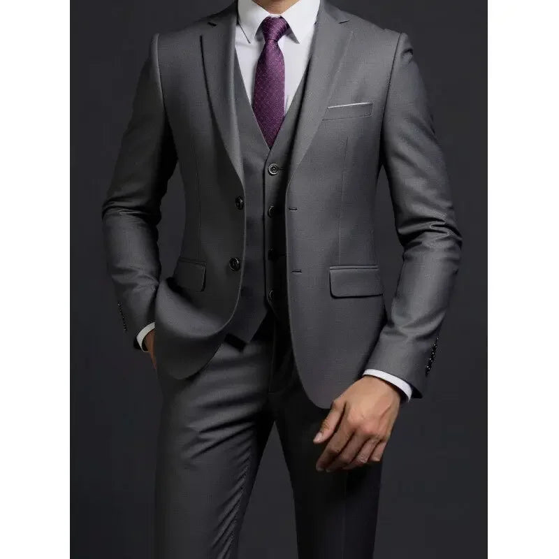 Suit (Blazer+ Vest + Trousers) Men's Fashionable Gentleman Business British Style Solid-color Banquet Host Casual Wedding Suit