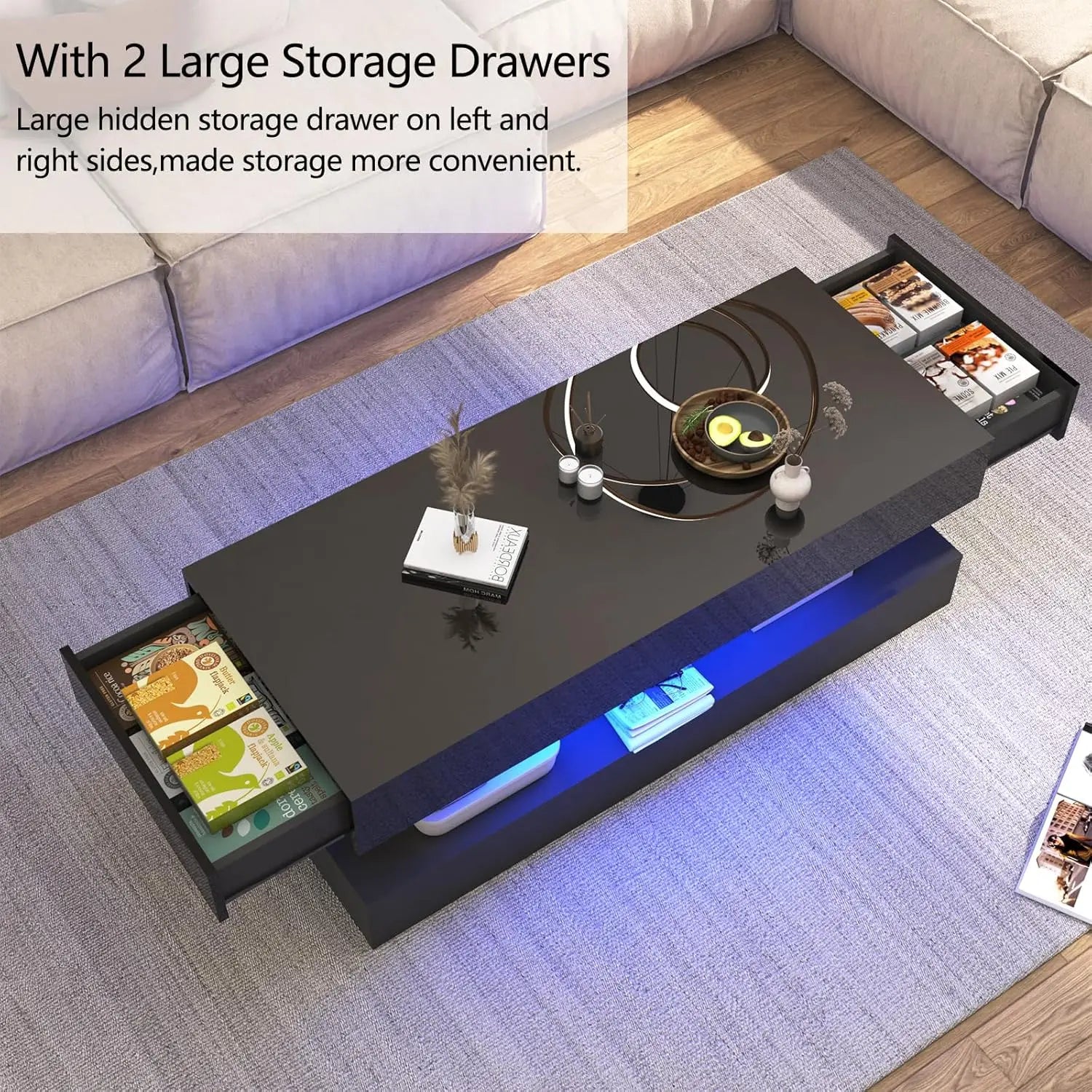 Modern Stylish Coffee Table with LED lights, Double-Layer Design for Living Room Coffee Table with 2 Storage Drawers