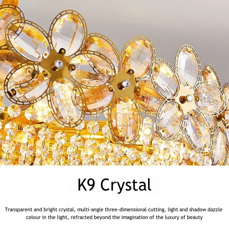 Modern Flower Crystal Tassel Chandelier Living Room Dining Room Gold Crystal Ceiling Pendant Lights Vila Lobby Lighting Fixtures
