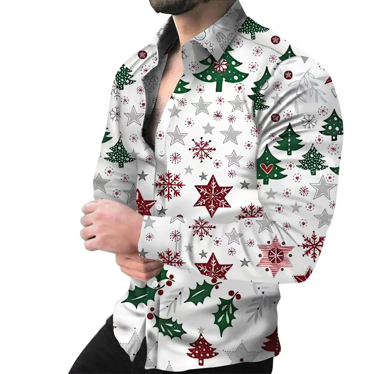 Autumn and Winter Christmas Pattern Printed Men's Long Sleeve Shirt Men's Casual Collar Cardigan Shirt Top Non Stretch Thin
