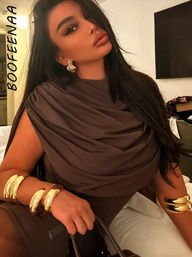 BOOFEENAA Cowl Neck Sleeveless Bodysuit Tops Spring 2025 Women Sexy Clothing Brown One Pieces Club Outfit C85-CZ24, dress