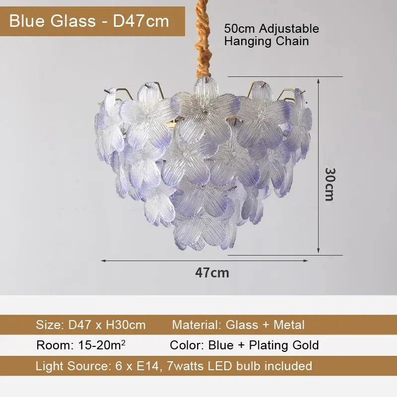 LED Glass Flower Pendant Light for Living Dining Room Bedroom Modern French Style Home Decoration Hanging Lamp E14