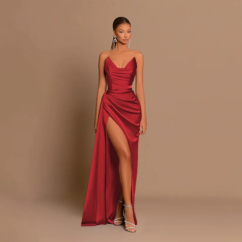 Autumn new European and American fashion temperament sexy slim deep V-waist satin slit dress female