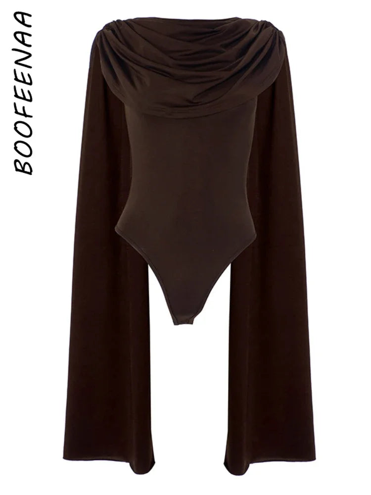 BOOFEENAA Cowl Neck Sleeveless Bodysuit Tops Spring 2025 Women Sexy Clothing Brown One Pieces Club Outfit C85-CZ24, dress
