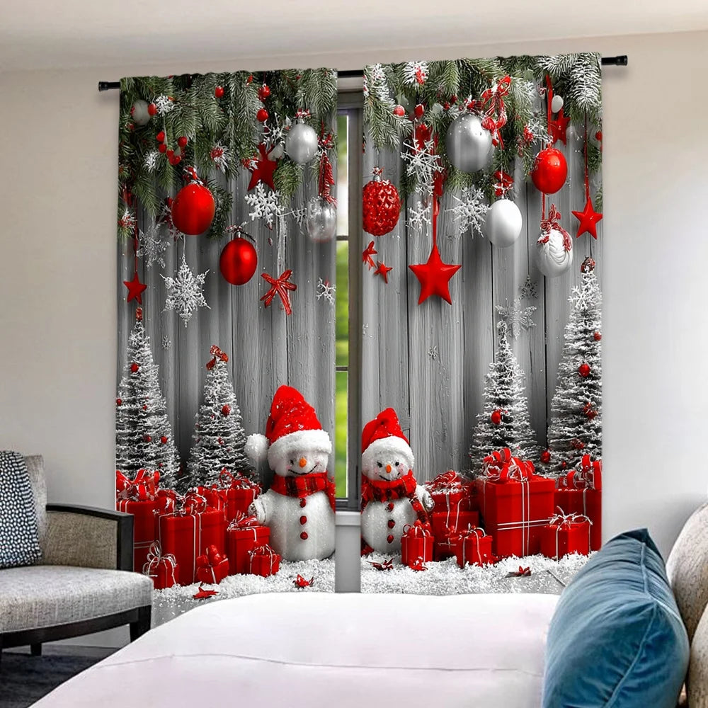 2pcs 2D flat printing Merry Christmas Curtains Festive Snowmen Durable polyester fiber Birthday Party for Outdoor Holiday