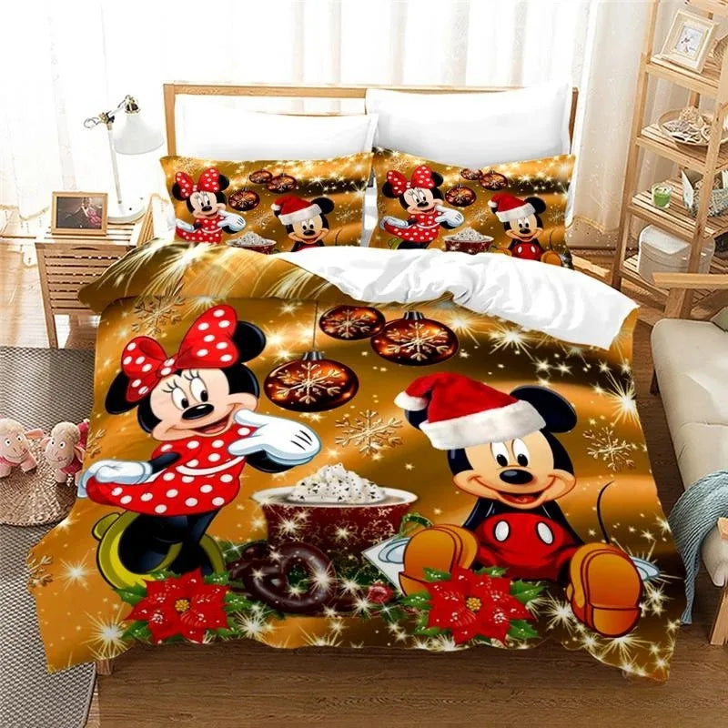 Disney Cartoon Bedding Set Mickey And Minnie Mouse 3D Print Duvet Cover With Pillowcase Bedclothes For Christmas New Year Gifts