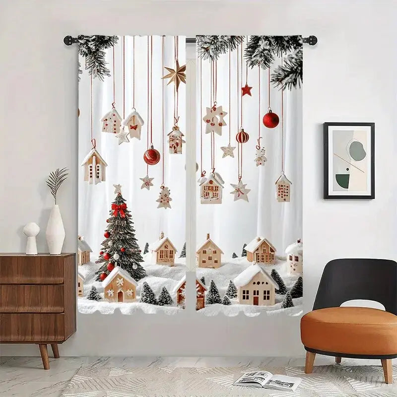 2pcs - Christmas gingerbread house and cedar tree pattern printed curtains, pole bag curtains, home decoration, room decoration