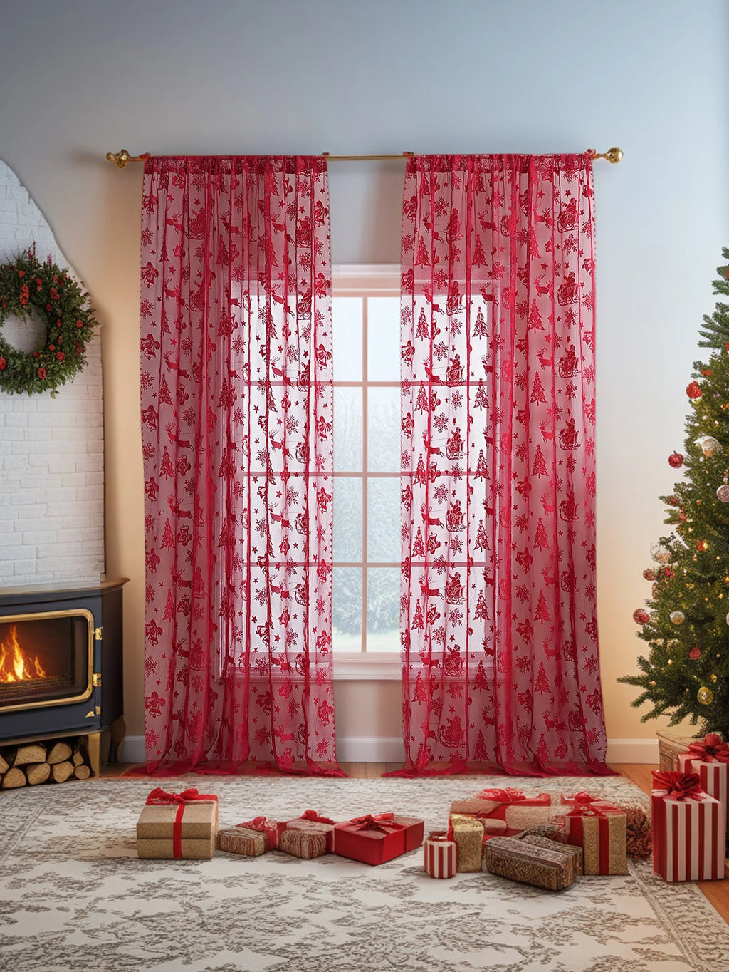 American Red Lace Sleigh Santa Christmas Curtains for Living Room Bedroom Window Festive Atmosphere Decorative