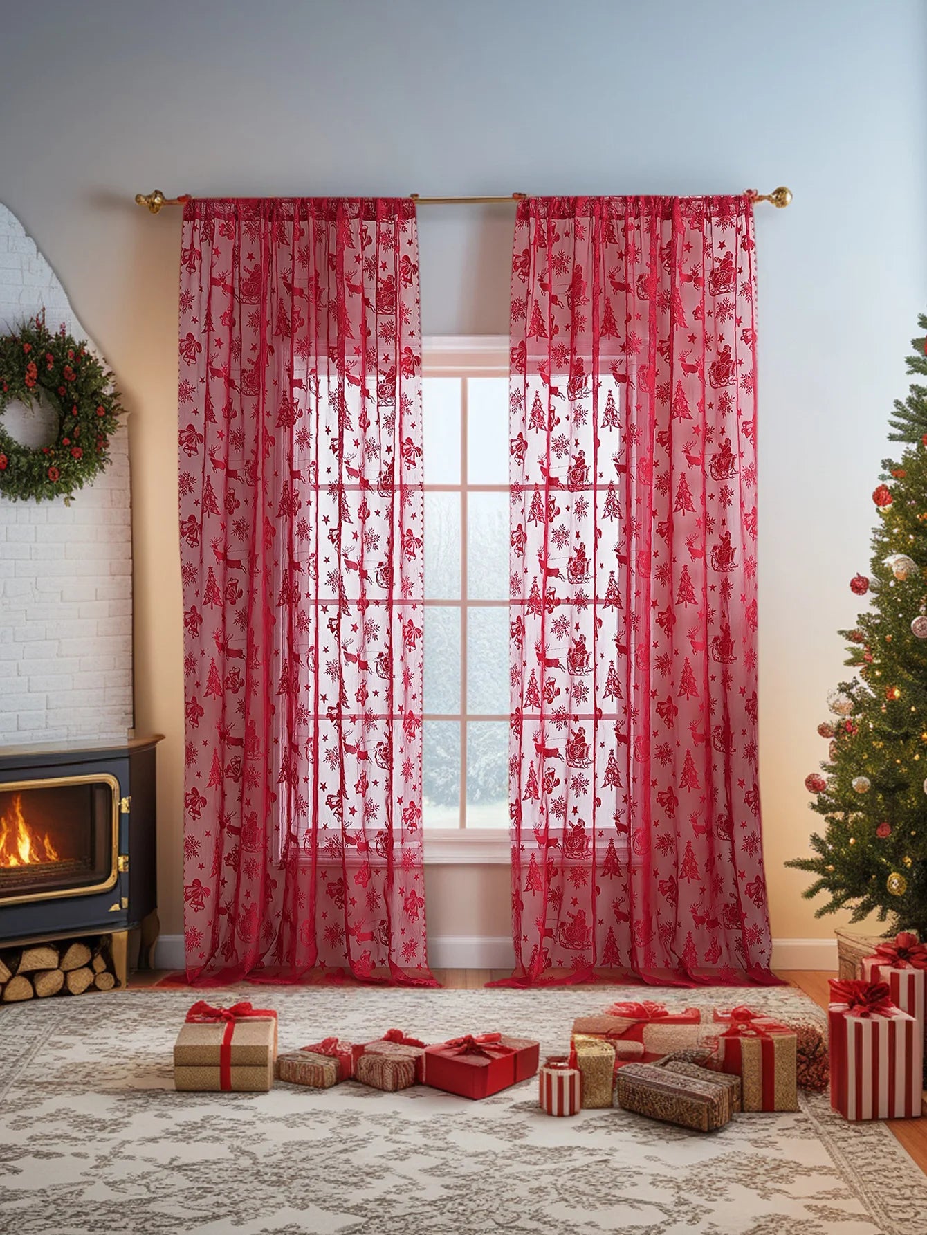 American Red Lace Sleigh Santa Christmas Curtains for Living Room Bedroom Window Festive Atmosphere Decorative