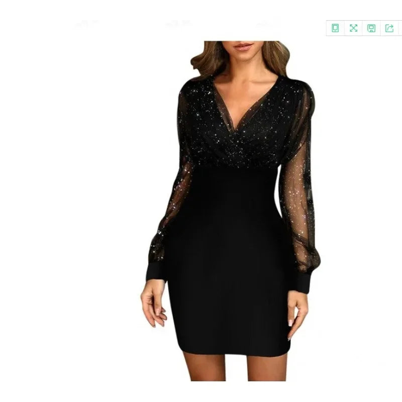 Sexy Sequin Mesh Dress V-Neck Bodycon Elegant Tight Fit Autumn Winter Fashion Women's Clothing Elegant Tight Fit Dress