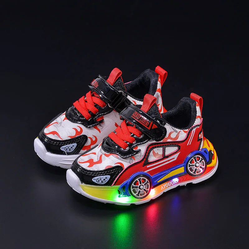 Spring Kids Shoes New Fashion Versatile Casual Shoe Anti Slip Cartoon Car Boy Shoe LED Lights Simple Trendy Sneakers Кроссовки