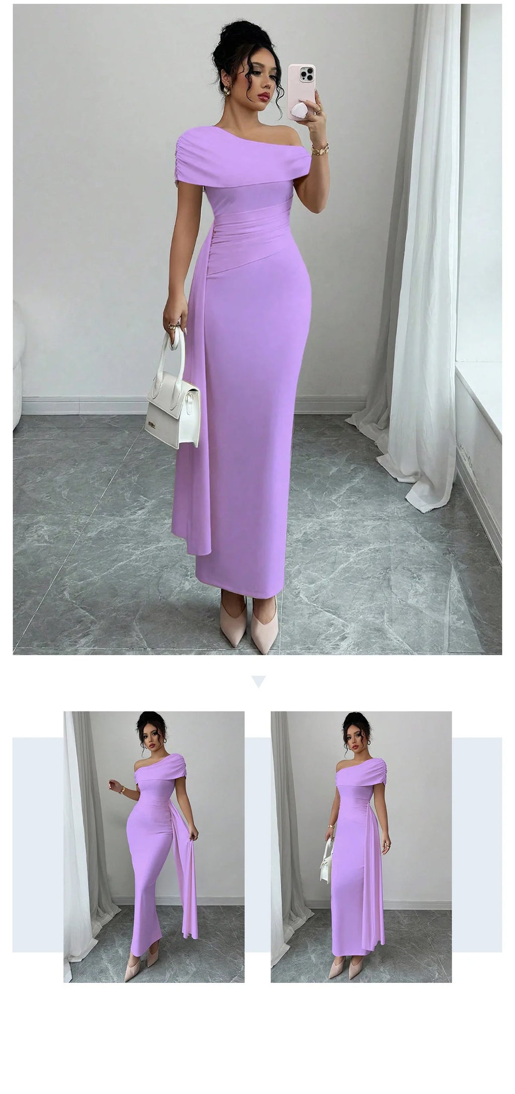 Sheath Dress Women Party Long Dresses Asymmetrical Diagonal Collar Slim Folds Maxi Gown Summer 2025 Female Sexy Vestidos