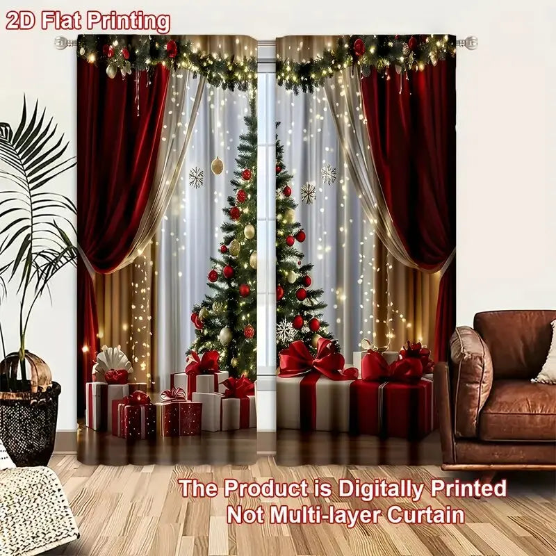 2 pieces - Luxurious Christmas tree print curtains, pole bag curtains, home decoration, room decoration、30*65inch
