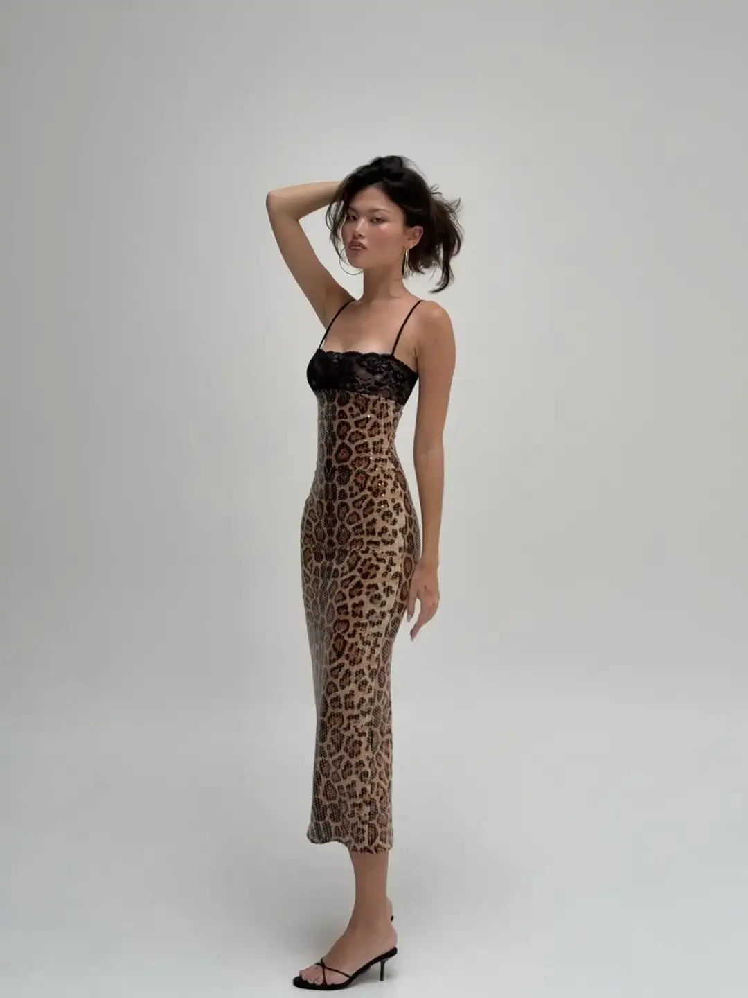 Women Sexy Leopard Print Sling Maxi Dress Chic Sequin Backless Lace Patchwork Slim Dresses Fashion New Lady Party Vacation Robes