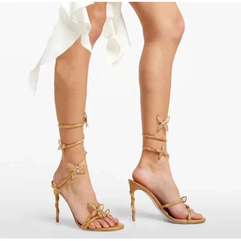 Luxury Crystal Embellished Butterfly Detail Women Sandals Sexy Coiled Strap High heels Gladiator Sandals Summer Party prom Shoes, need a dress