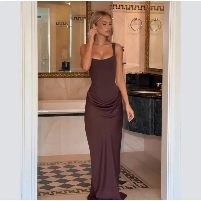 Women Brown Pleated Sling Maxi Dress Square Neck Sleeveless Off-shoulder Waist Cinching Slim Dresses Fashion Evening Party Gowns
