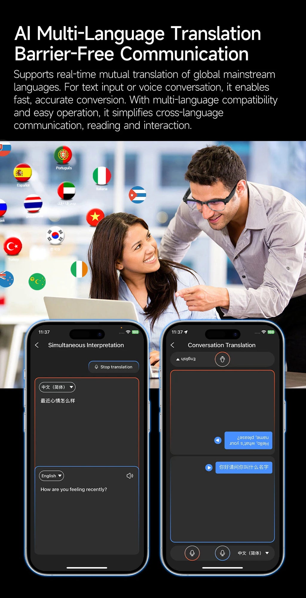 AI Smart Glasses 8 Million Pixels Recording Videos Photo Recognition Answer Translation 290mAh IP66 Waterproof Bluetooth Glasses