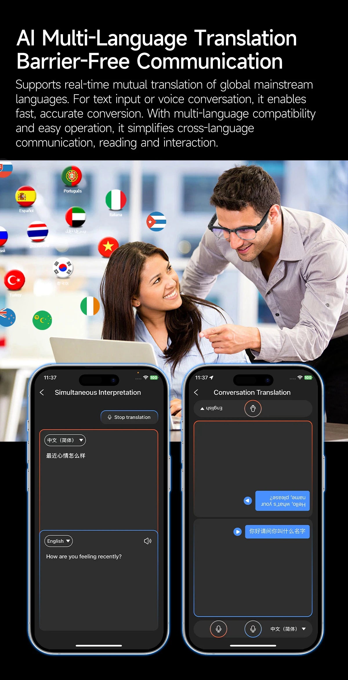 AI Smart Glasses 8 Million Pixels Recording Videos Photo Recognition Answer Translation 290mAh IP66 Waterproof Bluetooth Glasses