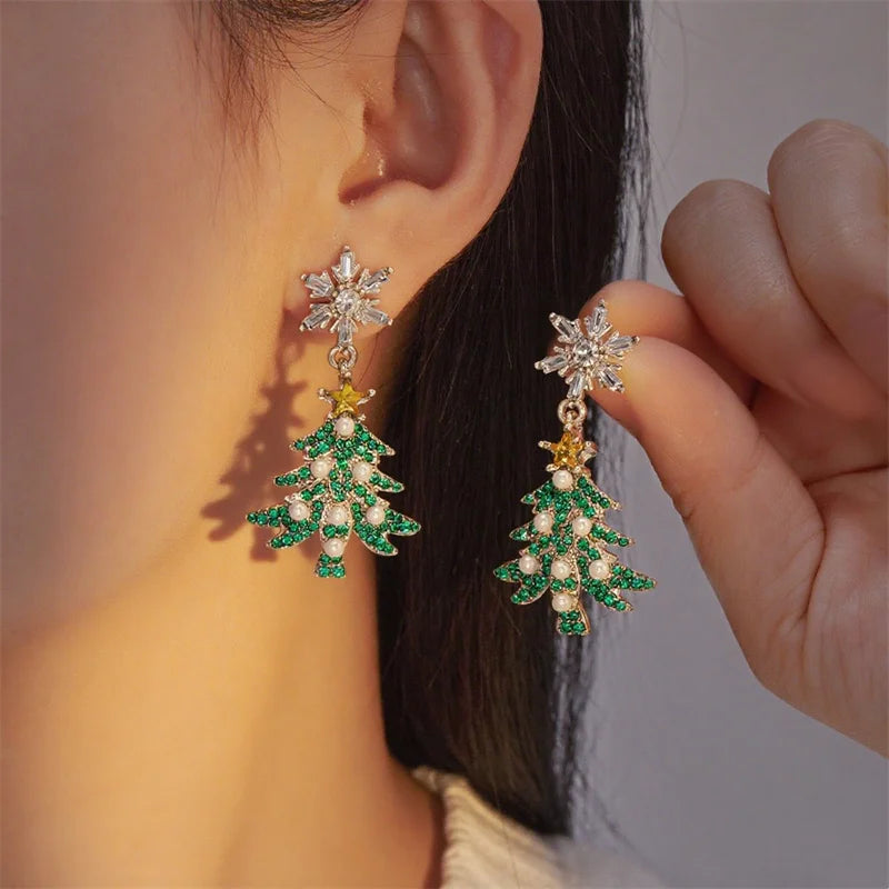 Christmas Rhinestone Bells Drop Earrings For Women Exquisite Imitation Pearl Xmas Tree Star Dangle Earring Party Holiday Jewelry