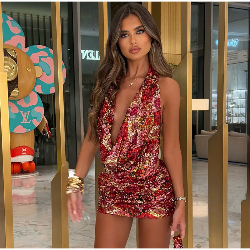 Colorful Sequin Halter Plunge-Neck Set Sleeveless Backless Vest Bodycon Mini Skirt 2025 Summer Party Chic Suit Sexy Lady Outfit
