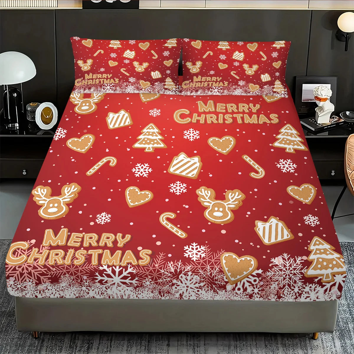 3pcs Christmas gingerbread print coreless bedsheet set multiple size soft bedcovers bedroom bedding decorations machine washable