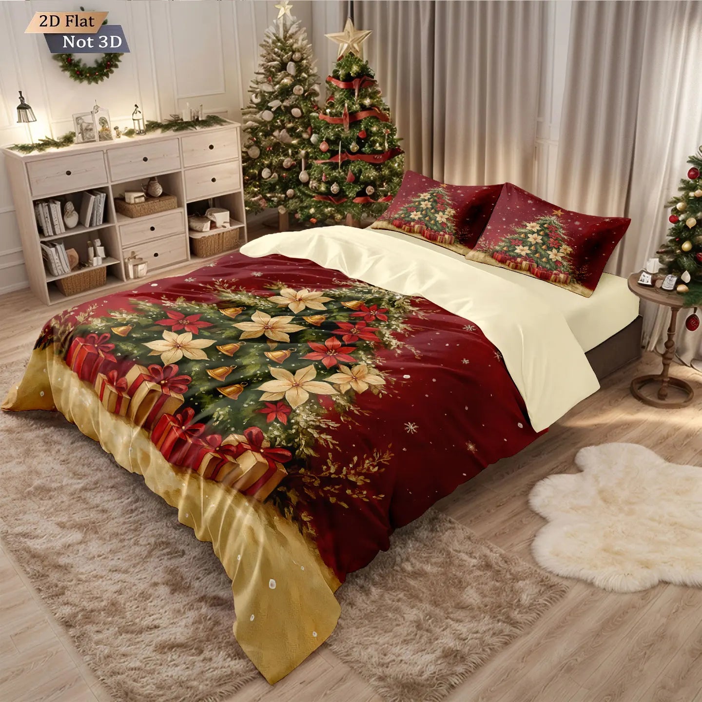 3pcs red Christmas tree print coreless bedding set, multi size bedroom and dormitory duvet cover machine washable decoration