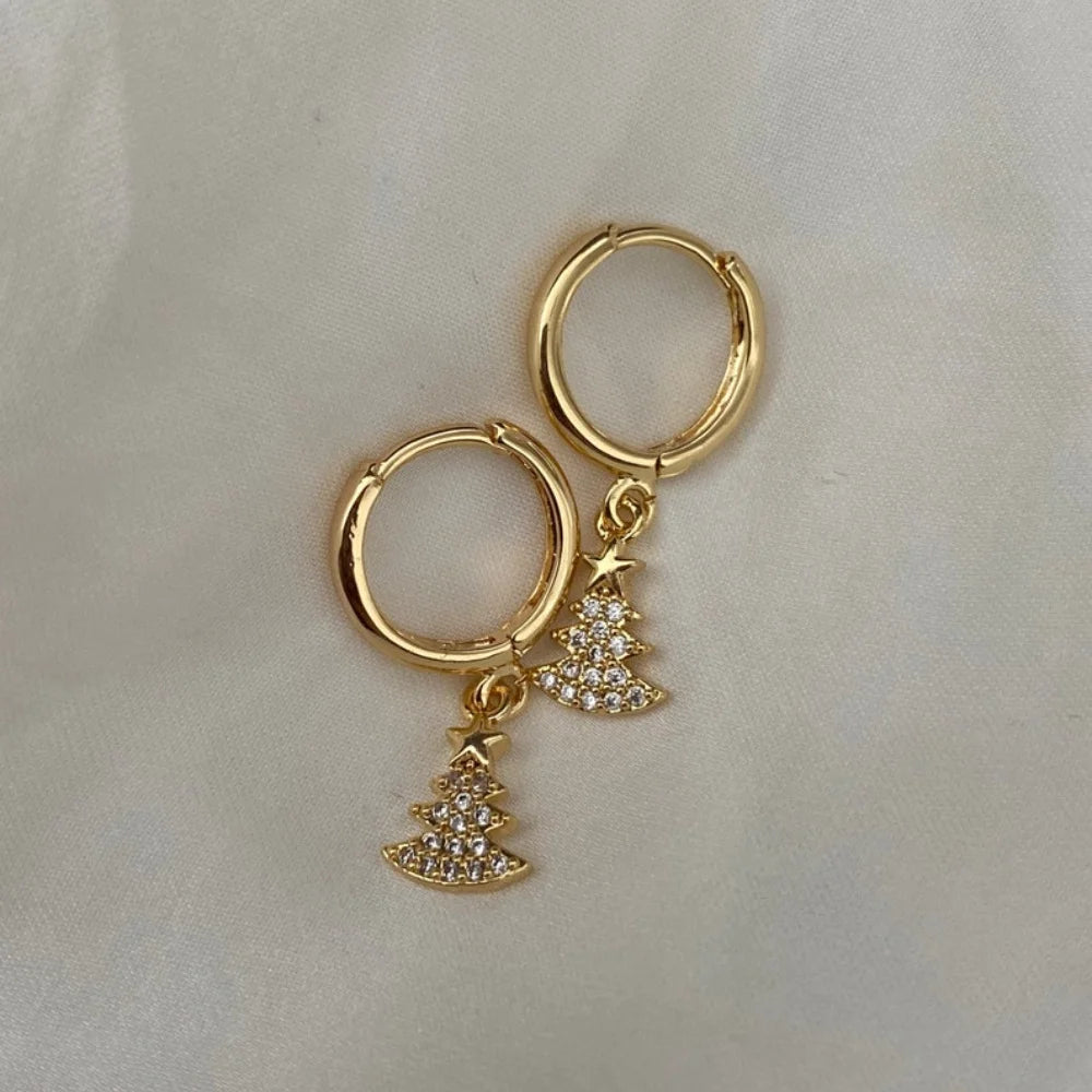 Stunning Handmade 18K Gold Plated Dangle earring Christmas Tree Star Cubic Zirconia Crystal Huggie Sleeper Hoop Earrings Gifts