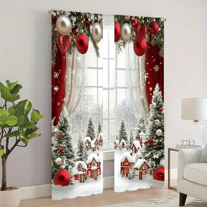 2pcs - Christmas snow scene forest scene printed curtains, pole bag curtains, home decoration, room decoration